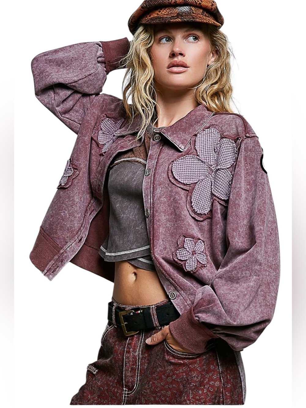 POL Burgundy Floral patch Button up Long Sleeve Jacket